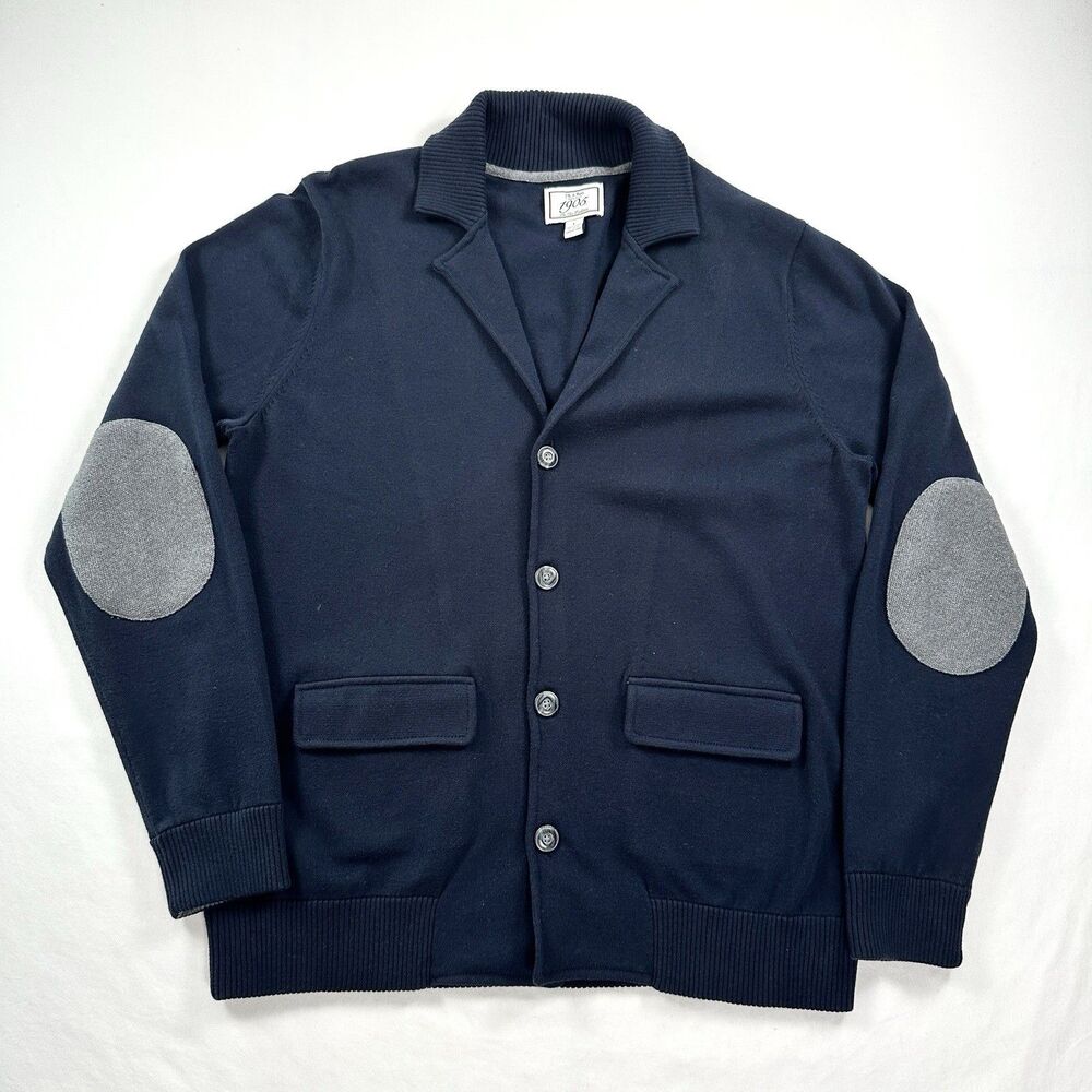 Jos A Bank Elbow Patches Cardigan Sweater Pockets Mens Large Navy Blue Grandpa